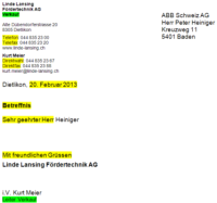 Beim Wechseln der Sprache werden alle Textlabels (im Beispiel gelb) wie auch die sprachabhängigen Mitarbeiterdaten (im Beispiel grün) aktualisiert. Natürlich wird auch die Rechtschreibeprüfung nachgeführt. Wordfelder vom Typ Datum werden ebenfalls entsprechend angepasst.