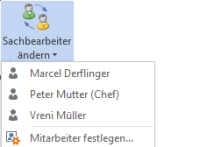 Einen anderen Mitarbeiter (anstelle des aktuell angemeldeten Mitarbeiters) als Sachbearbeiter verwenden. Den drei häufigsten Sachbearbeitern kann ein Mitarbeiter zugewiesen werden.