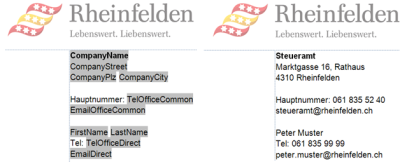 Beispiel wie ein Absender in einem Standardbrief aussieht (Ansicht Vorlagen-Designer). Wird nun ein neues Dokument erstellt, werden automatisch die Daten des angemeldeten, oder des ausgewählten Mitarbeiters, in die entsprechenden Mitarbeiterfelder geladen.